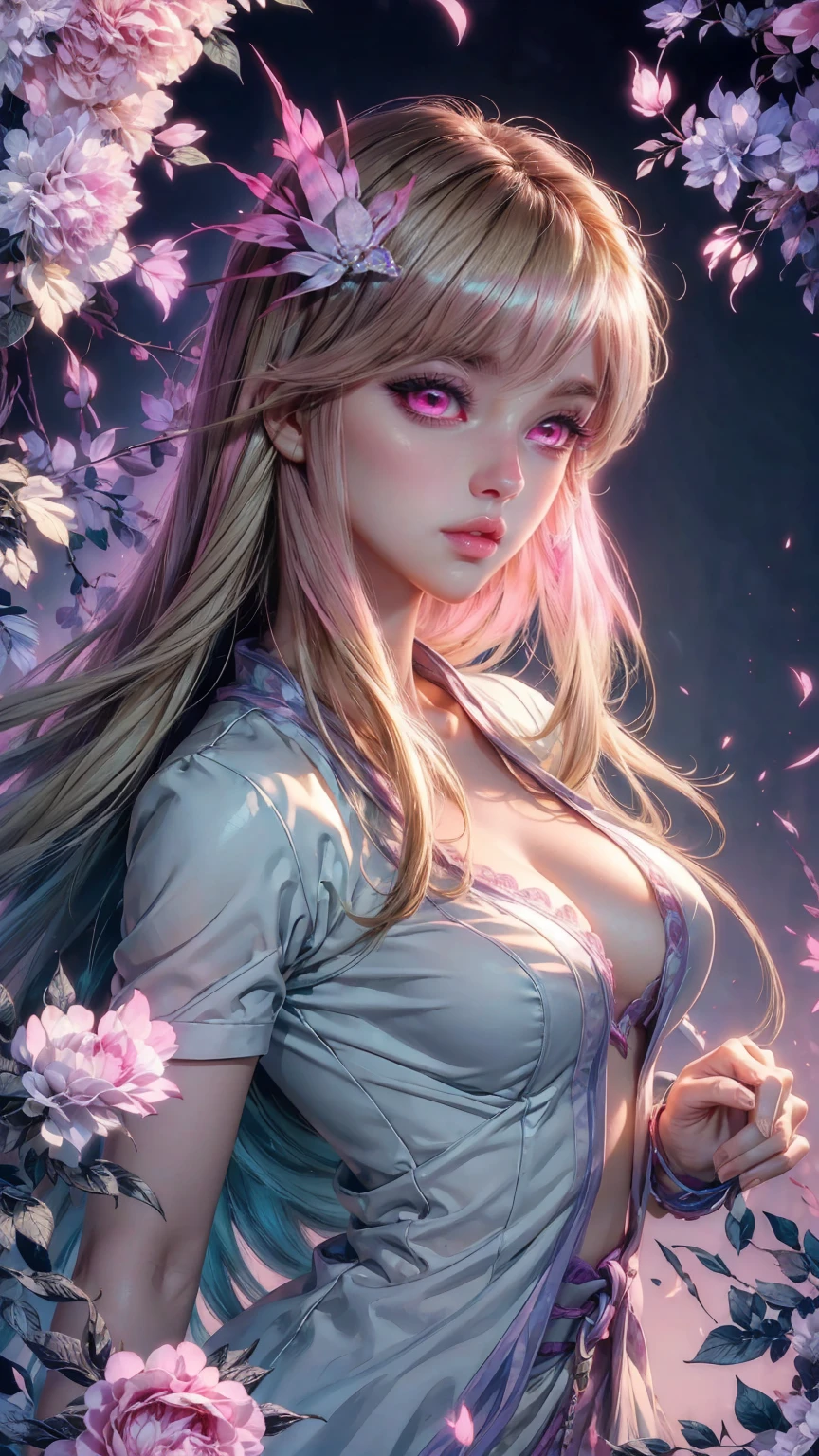 8K, Ultra High Definition, Super detailed, Shiny detailed hair, detailed face, fantasy landscape, solo, looking at viewer, {{best quality}}, {{masterpiece}}, {{ultra-detailed}}, {detailed light}, ultra high quality eyes, detailed eyes, perfect eyes, large eyes, detailed pink eyes, beautiful lips, blonde hair, long hair, beautiful, skinny body, white skin, slutty, erotic, suggestive, ((pink flower hair ornament)), ((pay attention to the character's clothing)), {{nsfw}}