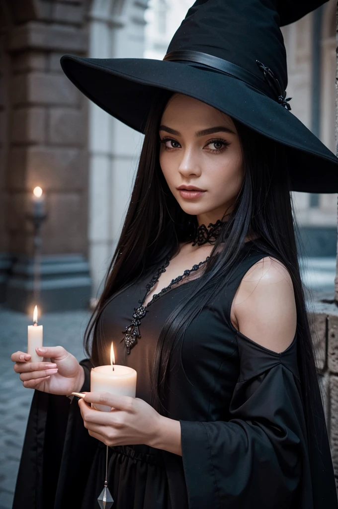 beau détail, Meilleure qualité, 8k, Texture du visage et de la peau très détaillée, haute résolution, belle fille noire aux cheveux longs en robe longue noire avec chapeau de sorcière dans la ville gothique la nuit, à la lueur des bougies, netteté