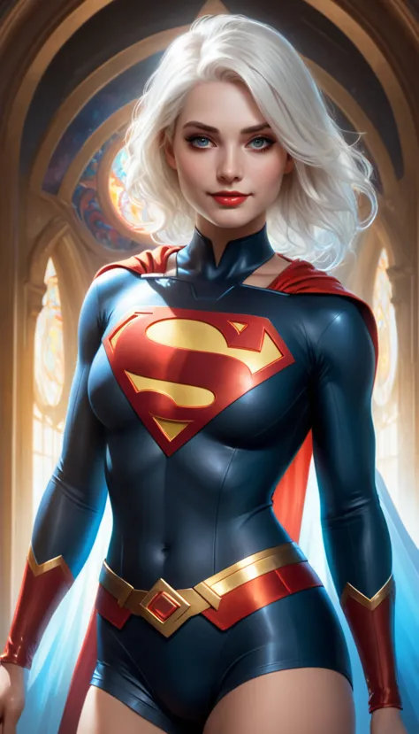 young white woman slim pale, white hair, black superman uniform, golden details, white cover, superhero art, full body, cover, c...