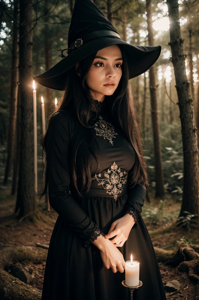 hermoso detalle, mejor calidad, 8K, Textura de cara y piel muy detallada., Alta resolución, hermosa chica de pelo largo negro con vestido largo negro con sombrero de bruja en el bosque por la noche, bajo la luz de las velas, atmósfera más oscura, enfoque nítido