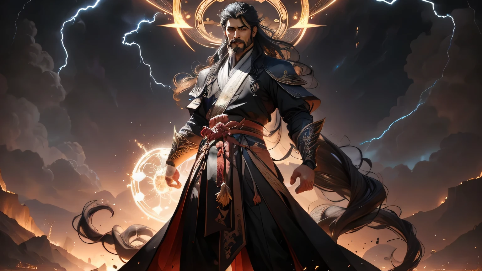 1 handsome man，Around 30 years old，Black long hair，Light beard，Gorgeous Hanfu，One hand raised with palm facing down，Lightning surrounds this body，Magic Circle，A lot of lightning，Overlooking below，Serious expression，Looks like an emperor，whole body，Standing，There&#39;s a tiger under my feet