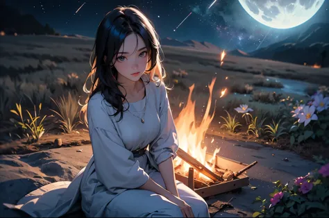 a cozy campfire burning brightly, flickering, absurd res, view the viewer, solofocus, Dynamic Angle, Ultra-fine, depth of field, wide shot, expansive landscape photograph ,( a view from above that shows field below,) a girl sitting on flower field looking ...