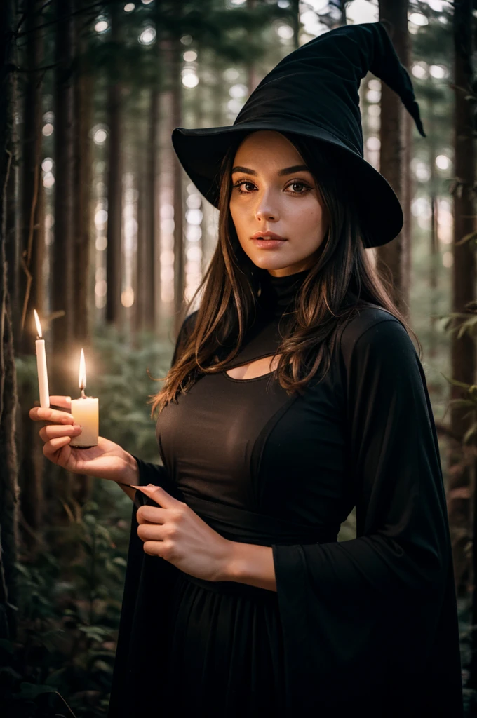 美しいディテール, 最高品質, 8K, 非常に詳細な顔と肌の質感, 高解像度, 夜の森で魔女の帽子をかぶった黒いロングドレスを着た美しい少女, ろうそくの光の下で, 最も暗い雰囲気, シャープなフォーカス