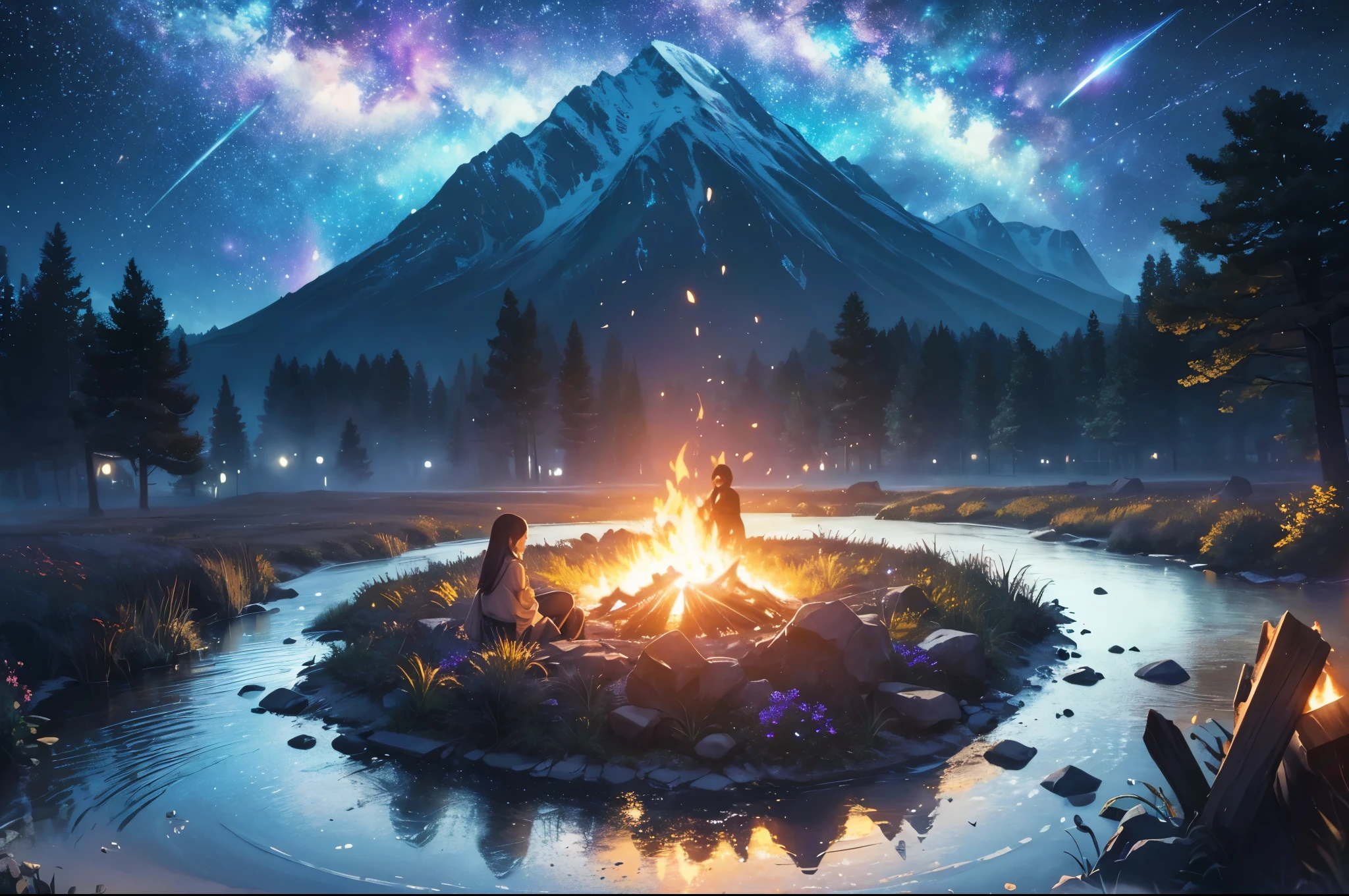 a cozy campfire burning brightly, flickering, absurd res, view the viewer, solofocus, Dynamic Angle, Ultra-fine, depth of field, wide shot, expansive landscape photograph ,( a view from above that shows field below,) a girl sitting on flower field looking at campfire, (full moon), (shooting stars), (nebula), distant mountain, tree , production art, (warm light source:1.2), (Firefly:1.2), lamp,(campfire, warm flames flickering), intricate details, volumetric lighting , (masterpiece:1.2), (best quality), 4k, ultra-detailed, (dynamic composition:1.4), highly detailed, colorful details,( iridescent colors:1.2), (glowing lighting, atmospheric lighting), dreamy, magical, lens flare, (colorful), Cinematic light, high-res, sharp focus, smooth, colorful light, particles, galaxy colors scheme