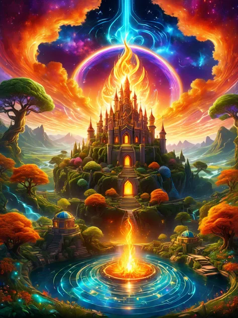 magical world，ancient and mysterious castle，(bonfire:1.5)，gemstone decoration，glowing plant，silver creek，colored clouds，strange ...