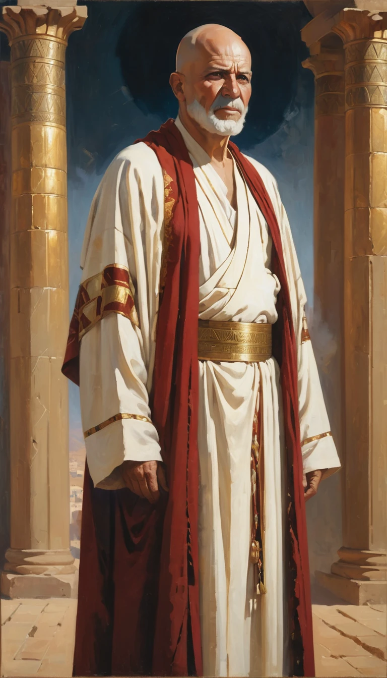 Portrait of Jeremiah, an bald old man, prophet, expressive acting, fulfilled robes, stand front of the Babylon City, biblical illustration, gospel., 4K, Jewish half egyptian, Hebrew cloths, full body, Ryan Hewett, sharp illustration, sharp focus, knifing painting, highly detailed oil painting.