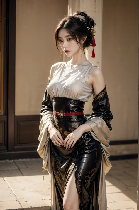 ancient buildings of Chitional style beauty，Silver thread texture,linen texture,Dressed revealingly(red color Hanfu)， Clothing m...