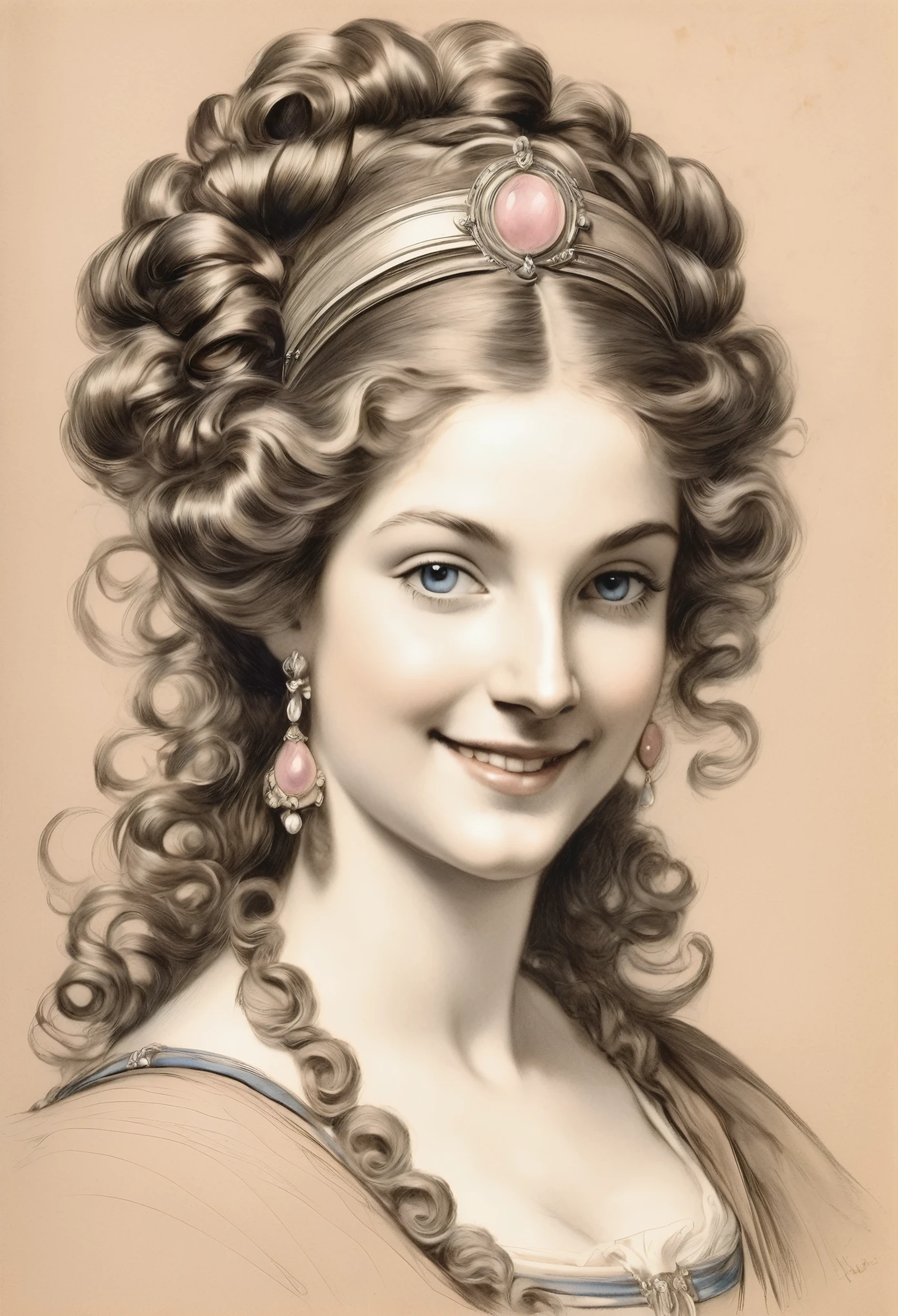  a pencil sketch of a young Hera Hilmar in the image of a Florentine woman of the late 15th century, smile, (curly hairstyle of an aristocrat), jewelry, a charcoal drawing by William Twigg-Smith, [((pink-blue colors sepia))], CGSetnation, Arte figurativa, charcoal drawing, Pencil sketch, 
dynamic pose, andando