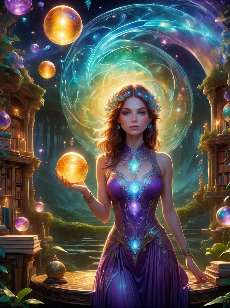 Magical World, (1 Girl trapped in a cosmic vortex nebula:1.5), Rendered with the Cosmic Beach Swirl engine, (Detailed facial features), (Beautiful facial features), Ancient and mysterious castle, Purple Stone, gemstone decoration, glowing plant, Silver Creek, colored clouds, Strange Creatures, Huge magic library, Rich book collection, Magic fluctuations, Crystal Ball, Distant galaxies, Field of magic, A female magician who studies magic, (Glowing magic symbol), Dreamland, Time and space distortion, River of Light, (Enchanted Garden), Ultra-wide lens, Bottom view, Knee Shot(KS), Full body shot(FLS), high resolution, Ultra-high quality, detailed, volumetric lighting, spectacular, ambient lights, light pollution, Movie atmosphere, art nouveau style, Illustration Artwork by SenseiJaye, Intricate details, High Detail, Hyperrealism, anatomically correct, 8k