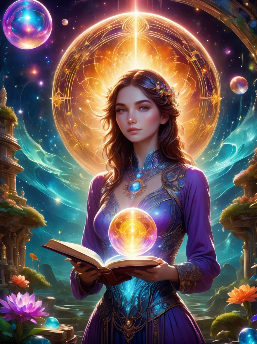 Magical World, (1 Girl trapped in a cosmic vortex nebula:1.5), Rendered with the Cosmic Beach Swirl engine, (Detailed facial features), (Beautiful facial features), Ancient and mysterious castle, Purple Stone, gemstone decoration, glowing plant, Silver Creek, colored clouds, Strange Creatures, Huge magic library, Rich book collection, Magic fluctuations, Crystal Ball, Distant galaxies, Field of magic, A female magician who studies magic, (Glowing magic symbol), Dreamland, Time and space distortion, River of Light, (Enchanted Garden), Ultra-wide lens, Bottom view, Knee Shot(KS), Full body shot(FLS), high resolution, Ultra-high quality, detailed, volumetric lighting, spectacular, ambient lights, light pollution, Movie atmosphere, art nouveau style, Illustration Artwork by SenseiJaye, Intricate details, High Detail, Hyperrealism, anatomically correct, 8k