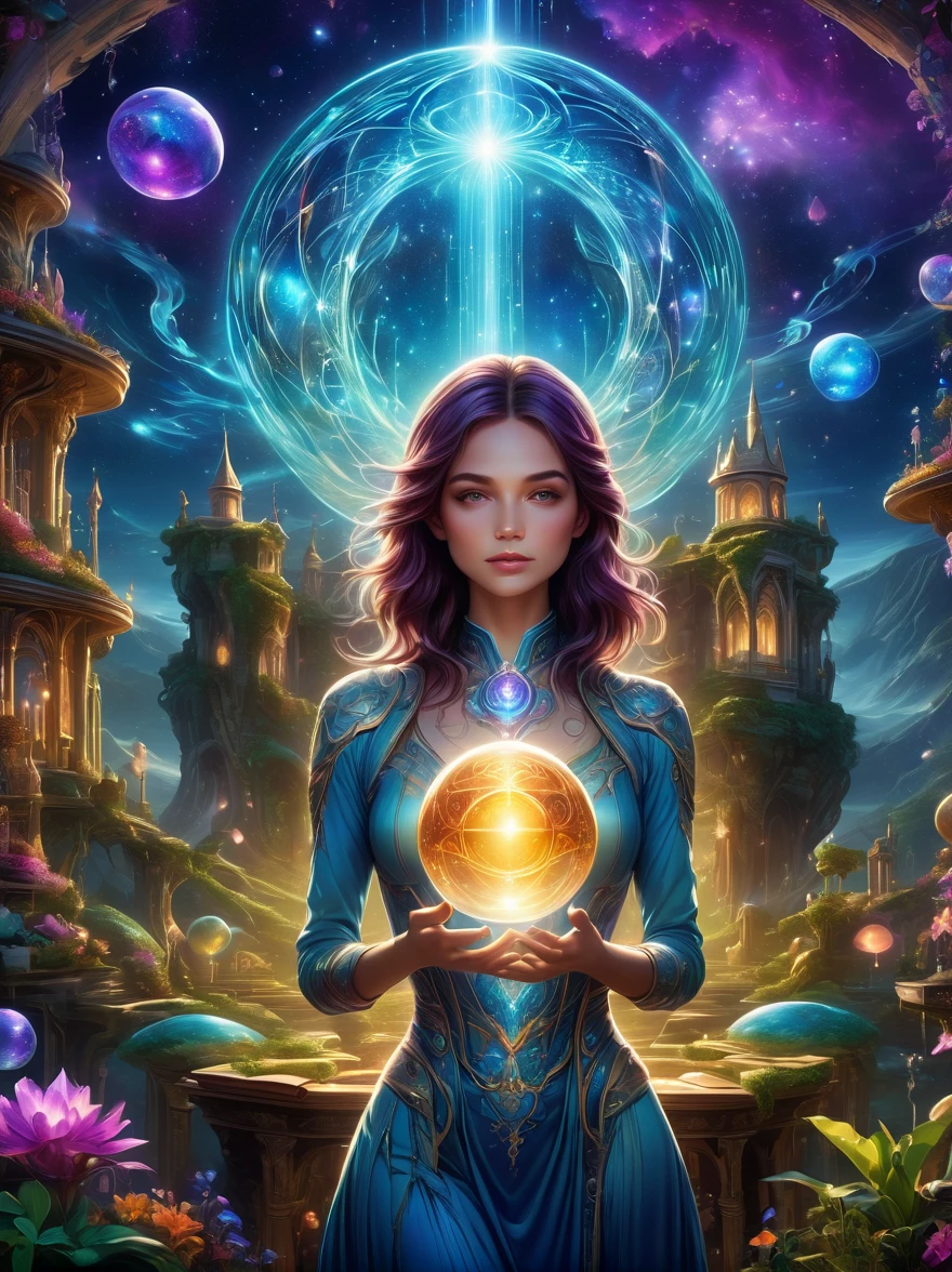 Magical World, (1 Girl trapped in a cosmic vortex nebula:1.5), Rendered with the Cosmic Beach Swirl engine, (Detailed facial features), (Beautiful facial features), Ancient and mysterious castle, Purple Stone, gemstone decoration, glowing plant, Silver Creek, colored clouds, Strange Creatures, Huge magic library, Rich book collection, Magic fluctuations, Crystal Ball, Distant galaxies, Field of magic, A female magician who studies magic, (Glowing magic symbol), Dreamland, Time and space distortion, River of Light, (Enchanted Garden), Ultra-wide lens, Bottom view, Knee Shot(KS), Full body shot(FLS), high resolution, Ultra-high quality, detailed, volumetric lighting, spectacular, ambient lights, light pollution, Movie atmosphere, art nouveau style, Illustration Artwork by SenseiJaye, Intricate details, High Detail, Hyperrealism, anatomically correct, 8k