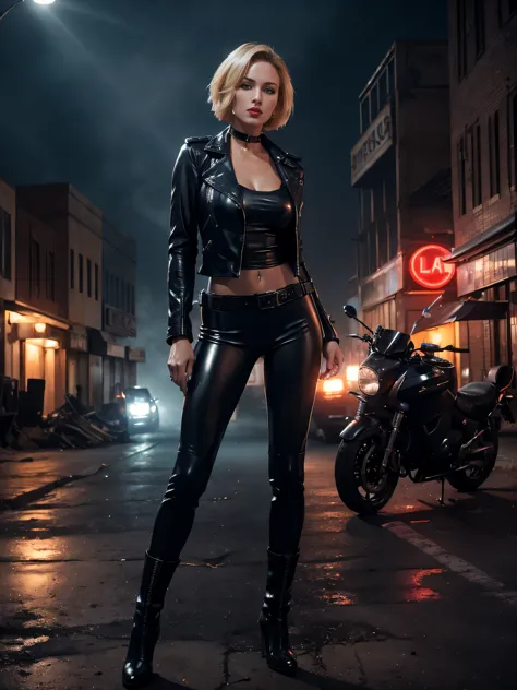 full length young beauty sexy policewoman, blonde short hair, blue eyes, red lips, scowling expression, piercing gaze, wearing t...