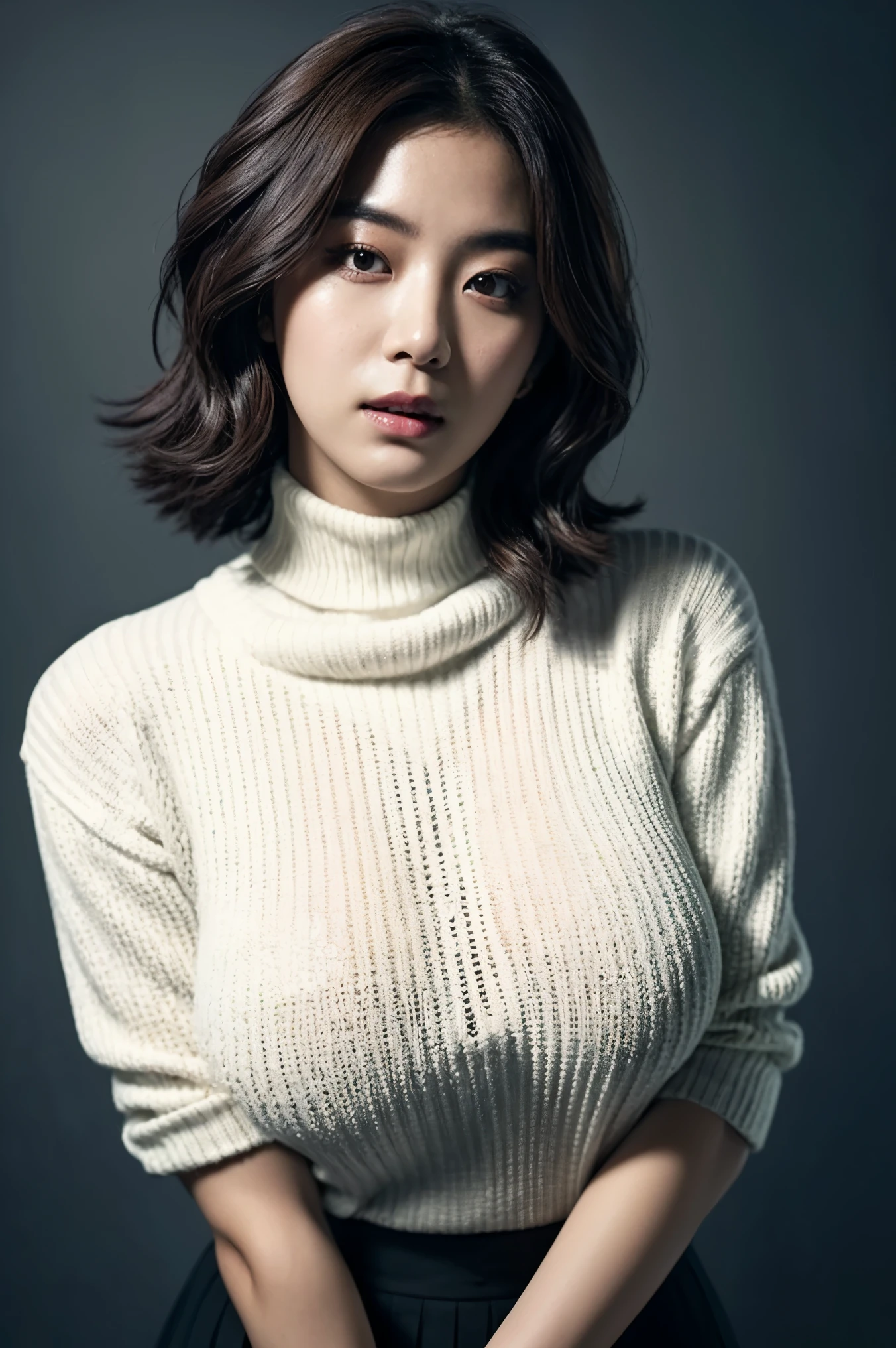 a K-pop idol wearing a turtle neck sweater,
(((masterpiece))), ((best quality)), ((intricate detailed)), ((Hyperrealistic)), absurd res, milf, mature woman, perspective, highly detailed, illustration, 1girl, ((large breasts)), perfect hands, detailed fingers, beautiful detailed eyes, short hair, brown eyes,(turtle neck:1.2), tight skirt, detailed background, choker, perfect eyes, seductive eyes, looking at the viewer, from front