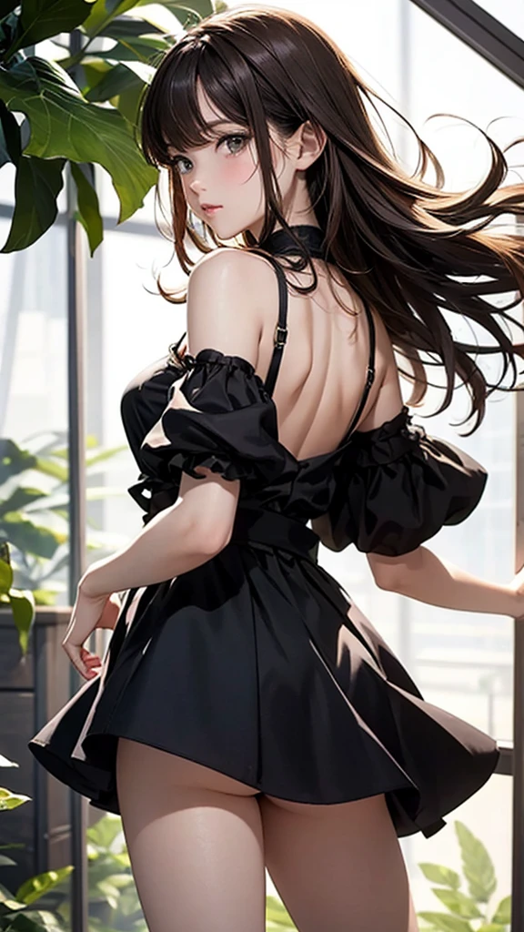 highest quality、4K quality、Beautiful cleavage、Beautiful Style、tall、Small breasts、Bare buttocks、Small Ass、Shy face、20 year old princess、Bare shouldery skirt is blown up by the wind、ultra detail eye,Shooting from behind、Off-the-shoulder summer dress、Grab the hem of your skirt、nude legs、Put your hands in your underwear