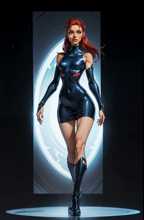 a, small, full body, standing on her feet, futuristic background, sexy appearance, starfire, red hair, orange skin, makeup, masc...