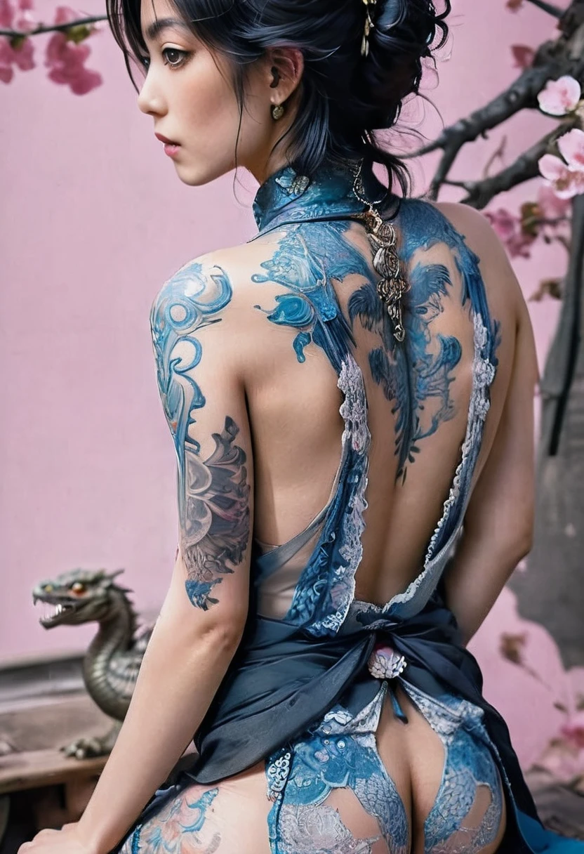 Arabian woman with dragon tattoo on her back, Yakuza tattoo on body, by Ayako Rokkaku, Kano Tanyou, by Otake Chikuha, by Kanō Naizen, chie yoshii, by Hiroyuki Tajima, by Kawai Gyokudō, inspired by Otake Chikuha