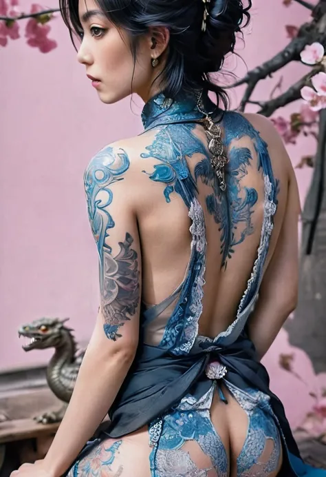 Arabian woman with dragon tattoo on her back, Yakuza tattoo on body, by Ayako Rokkaku, Kano Tanyou, by Otake Chikuha, by Kanō Na...