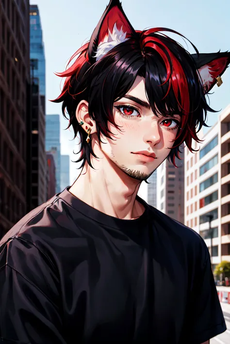 anime guy with red hair and black shirt in the city