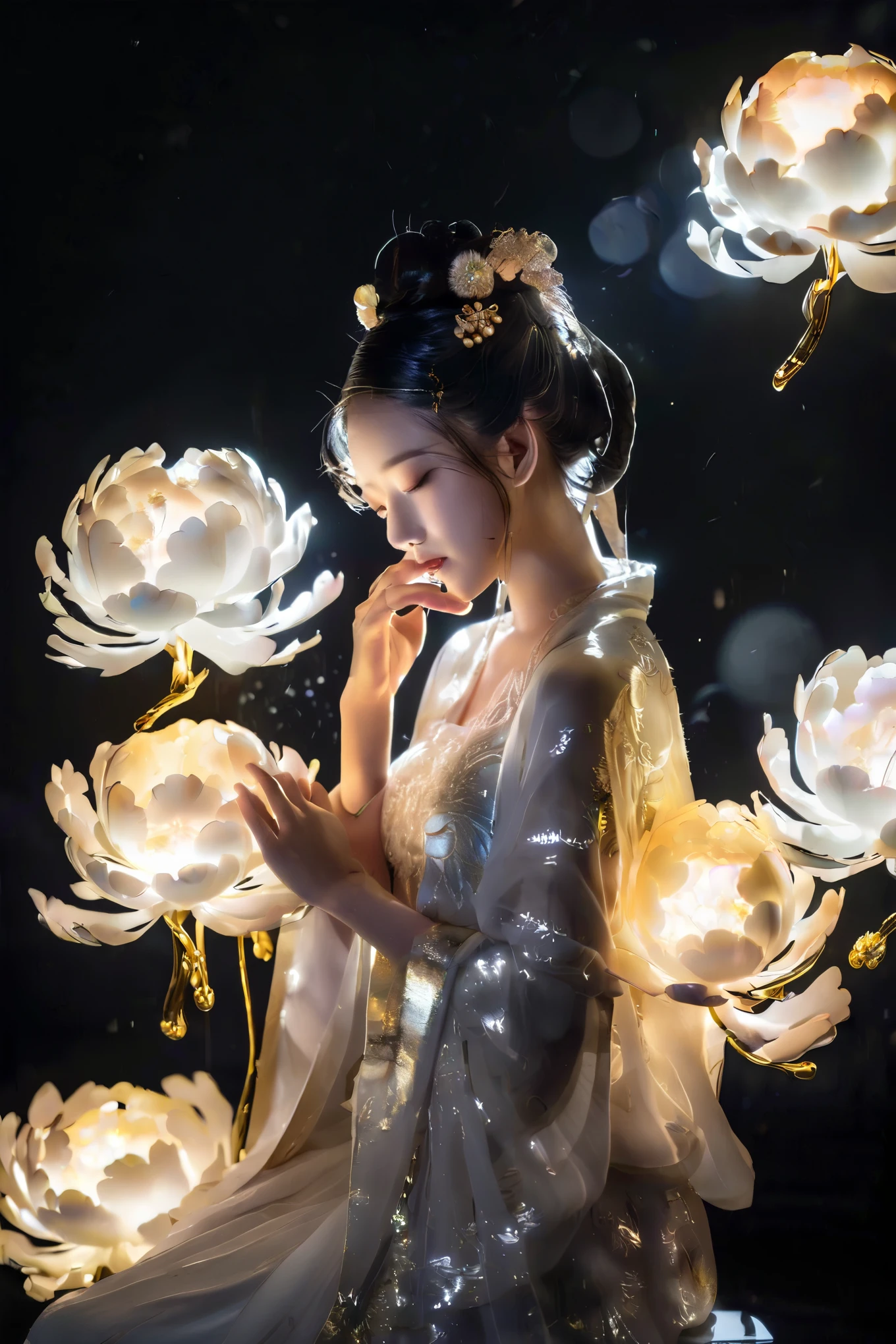 Vibrant rim light, In a country full of magic, Silhouette of a Chinese girl illuminated, Gorgeous and luxurious Hanfu，As if radiating light from the inside out, Floating elegantly in this fantasy space. mysterious clouds, shimmering gold and silver, surround her, Reminiscent of the immortals descending into the mortal world. in her slender hands, She holds a radiant peony in her hand, its glow contrasts with its shadow. The moment the petals dance in the wind, Cast a playful shadow, Beautifully immortalized by artists. Glowing lights and shimmering shadows dance around her body, Evoking the elegance of traditional ink painting, But the dynamic interplay of light and dark. This masterpiece combines the vision of a modern artist, Use the brilliance of Hanfu to highlight the strong dramatic effect of light and shadow, Produce extremely abstract and bright artwork. luxury, avant-garde, chic, editorial, magazine style, professional, intricate details, ambient lighting, rake light., bright rim light, high contrast, bold rim light