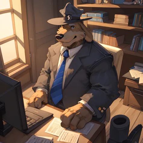 male, solo, full body, mature, chubby, floppy ears, blue grey suit, hat, sitting in chair, at desk, coffee mug on desk, in offic...