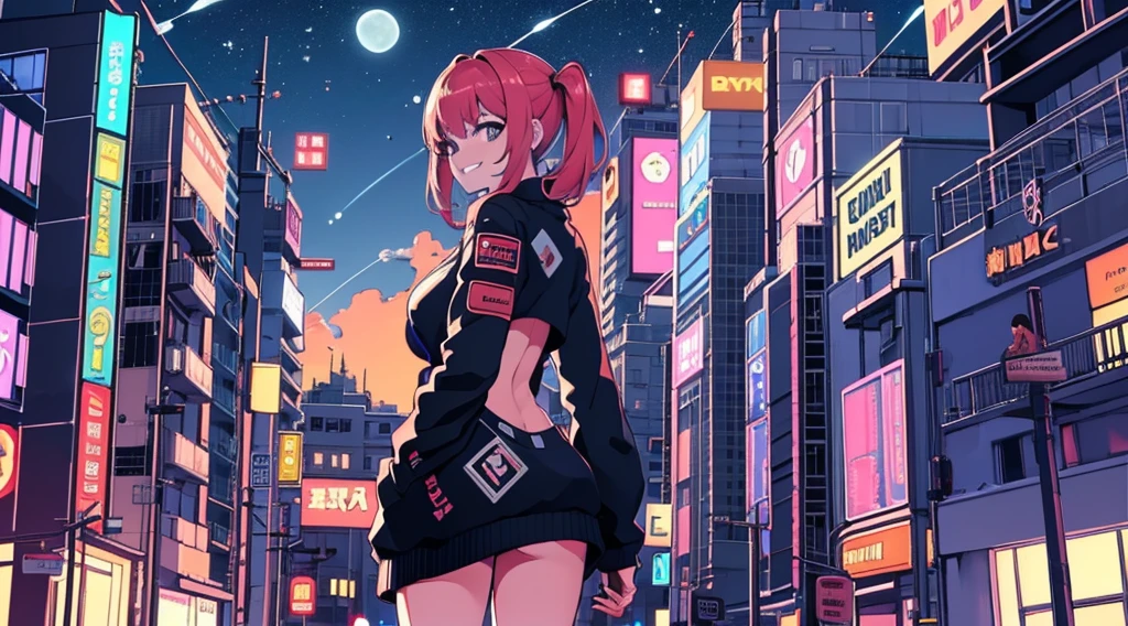 Best quality, (masterpiece:1.2), best detail face, 1girl, night city wear, huge breast, perfect body, standing, smile, grinning expression, landscape is cyber punk city , at night , acid house, Lofi mix, in a back alley, Slut not wearing clothes