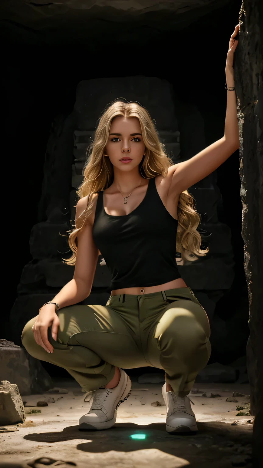 (Masterpiece, Best quality, reality مفرطة, real death, Cinematic image, raw), 18 year old girl, Pale skin, Amazing slim American body, ((Green military style tank top)), ((Khaki pants)), Brown shoes, Long wavy blonde hair, Black paws, Perfect slim legs, Wide hips, Perfect hands, Beautiful Face, Perfect face, young man, (Blurred background), Modern style, from beA little, (A little-corner shoot), A little_corner_the human, towering, (Full body shot), Squatting, kneeling, Under fire, (Show Viewer), Looking at the viewer,(8K, Epic composition, reality, Intense focus), Detailed background, ((An ancient Mayan temple lost in the jungle, The wall is filled with Maya hieroglyphs)), Lighting inside the cave, dslr, Grain foil, Backlight