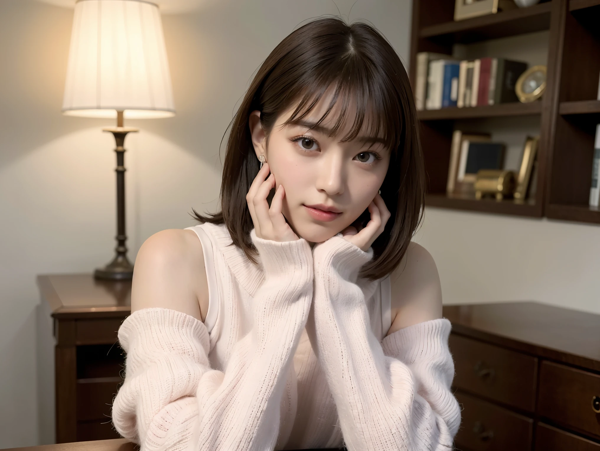 (No sleeve:1.3) beautiful, thin, Fair Arms　Pureeros　(super highest quality:1.3) (Very realistic, Photorealistic:1.3), (Sharp focus:1.3) Pure　(Sharp focus:1.3) The background is wide々and a luxurious living room　Bookshelf　Three-dimensional　Beautiful gradients　  A gentle smile that looks fun　very high quality and stylish　See-through bangs　　Elegant and intelligent　neat and stylish　excellent education　Women's Fashion Magazine　model　　 (Realistic and very high quality:1.3). (High resolution/High resolution:1.3)　　Tabletop, Very delicate and beautiful, Soft Light, (brown hair, Shoulder-length straight bob hair)  Beautiful detailed girls, highly detailed eyes and face, beautifully detailed nose, thin and beautiful eyes, 1 girl, Japanese, Pureな beauty, cute, young, very stylish　　A spring sweater in spring-like colors　very stylish　supported by women　Trending Fashion　, (Medium chest), Realistic Face, Realistic body, 