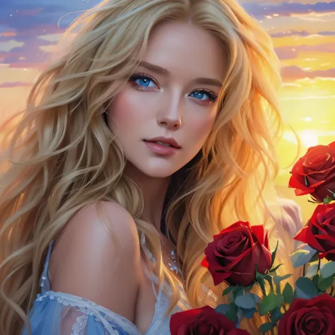 Painting of a woman with long blonde hair and blue eyes, holding a bouquet of roses., Karol Buck, Beautiful art, UHD, beautiful ...