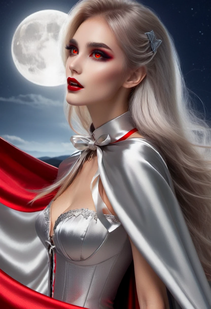 Vampyfangs(RAW Photo) , (highly detailed:1.20) , ultra realistic :1.10) ,sexy girl in her 20s , (perfect face:1.20) , (detailed red eyes:1.20) , with long silver hair in ponytail , (((long silver satin cape tied at the neck with a ribbon :1.20))) , naked  , full body, standing on windy hilltop at night , full moon , high-quality ultra realistic style, detailed eyes, professional, expressive , 8K , highly detailed , professional,