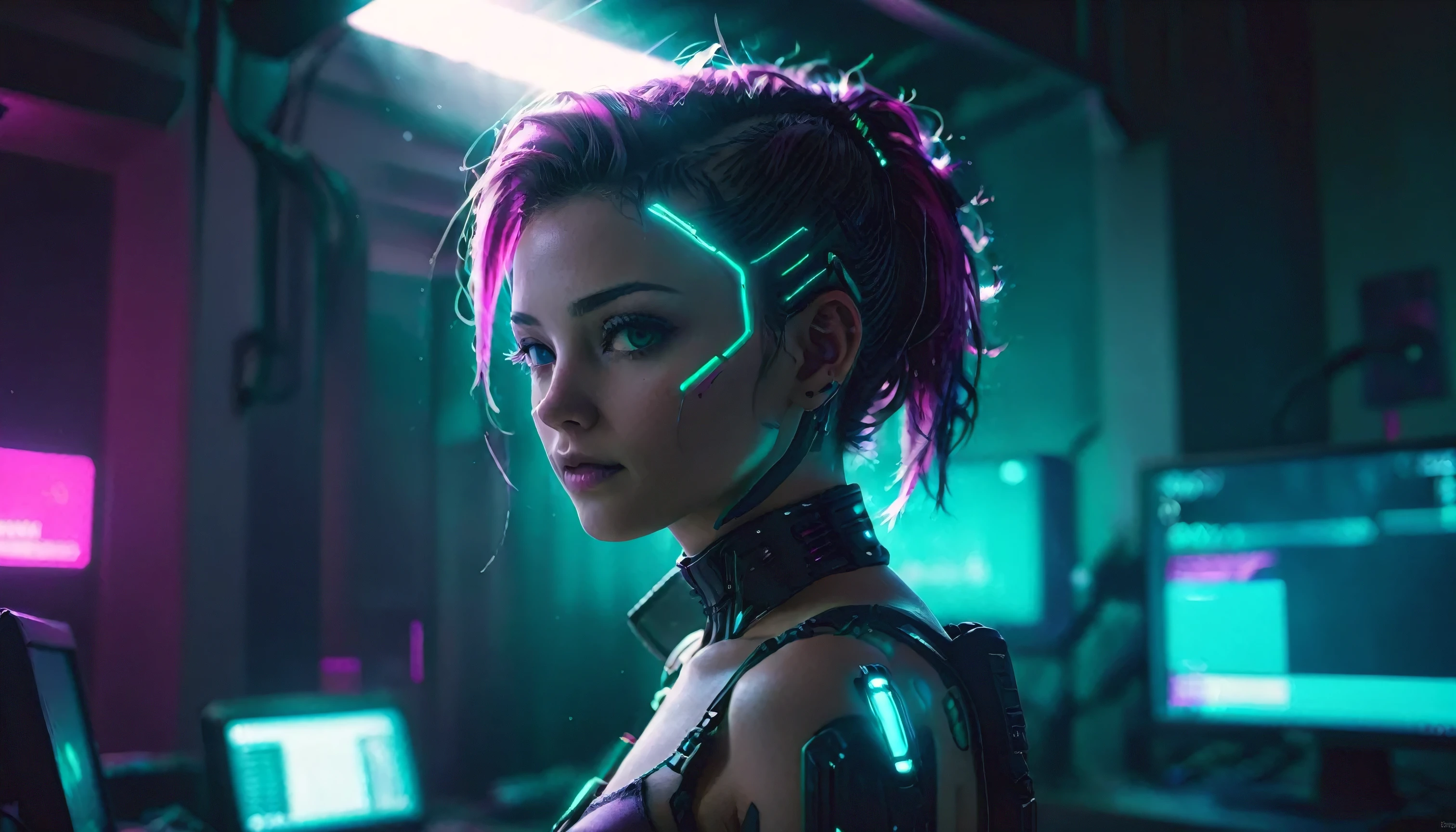 Ficar em casa e jogar Cyberpunk no computador, Classificação de cores azul-petróleo com destaques em magenta, retrato fotográfico, Filme, iluminação de estúdio, pele detalhada, Ultra-realistic, Bokeh, feições marcantes, 4K, luz de fundo, Silhueta, Popularidade, (Deus&#39;raios:2) 