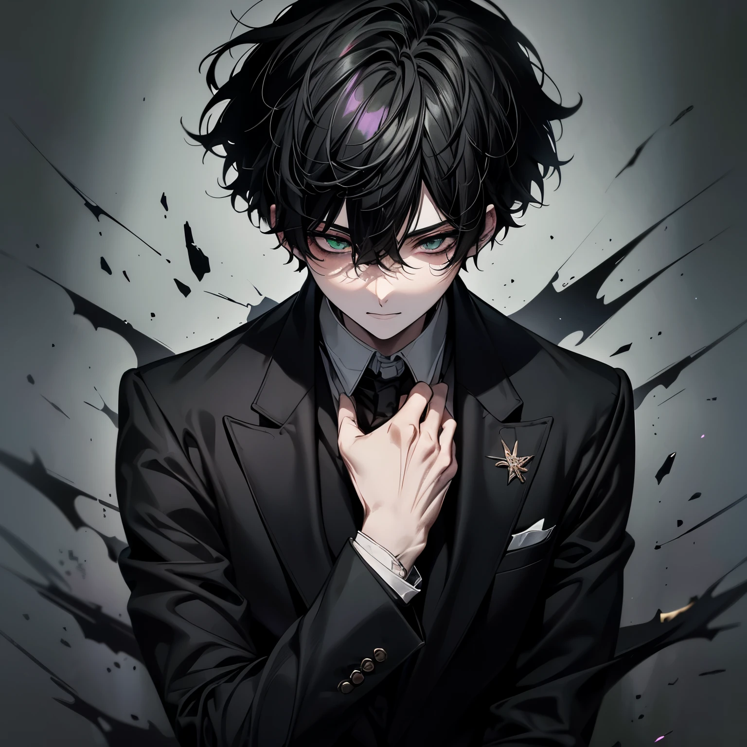 One man,, 26 years old, Masculine, Messy black hair, It&#39;s attractive, Black Suit, Black tie, White shirt, black belt, Black Pants, Big green eyes, Beautiful black eyes、8K resolution, Extremely detailed, Anatomically correct, Sharpen Image, Digital Painting, Concept Art, Trending on pixiv, beauty、{Black Suit}{Put out bangs}{all back{green eyes}{curly hair}{Fall into Darkness}{high resolution}{masterpiece}{Clear}{Fall into Darkness}{Short Hair}{Face close-up}{Hair that was the opposite} One man,, 26 years old, Masculine, Messy purple hair, It&#39;s attractive, Black Suit, Black tie, White shirt, black belt, Black Pants, Big green eyes, Beautiful green eyes、Grinning, Mischievous, gloves, trending on artstation, 8K resolution, Extremely detailed, Anatomically correct, Sharpen Image, Digital Painting, Concept Art, Trending on pixiv, beauty、