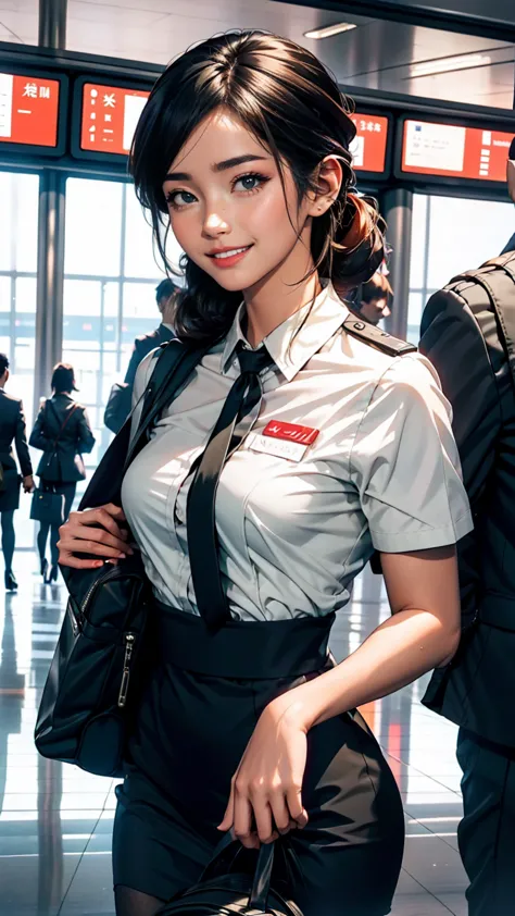 airport concourse、Cabin attendant((cabin attendant))、Pulling the carry case、smile
