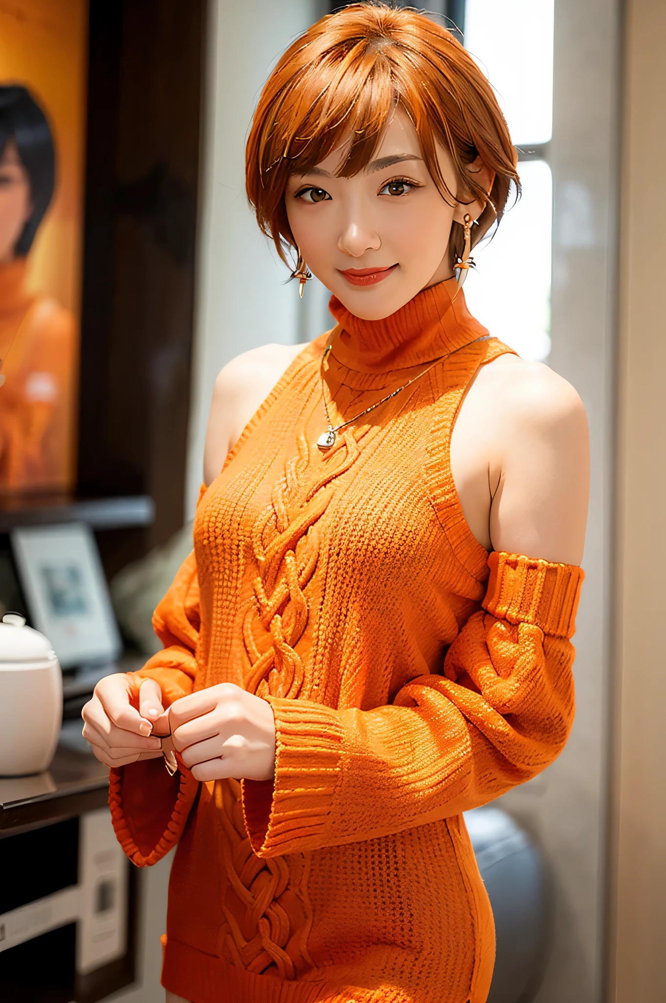 (red lips:1.4), full body, (turtleneck cable knit oversize sweater dress:1.2), , 1girl,solo,
(8k, RAW photo, best quality, masterpiece:1.3),(realistic, photo-realistic:1.37),realistic skin texture,(photorealistic:1.3),(hyperrealistic:1.2), (short hair:1.4) , seducting pose, (orange colored clothes:1.7), (orange hair:1.7), (seducting smile:1.4), (detached sleeves:1.4), (cheek dimples:1.4), (narrow shoulders:1.7), earrings, golden necklace, 