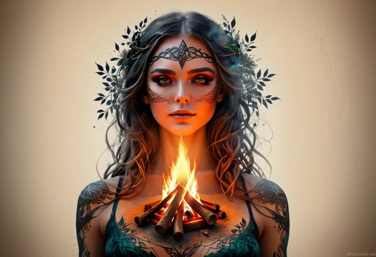 Doppelbelichtung Beltane-Lagerfeuer, Mit Tinte skizzieren. Eine schöne Frau in einem alten keltischen vor dem Hintergrund der Folk Irish Nacht Lagerfeuer Tänze, mystische keltische Kleidung und Make-up. Mehrfachbelichtung Heiliger Maibaum in keltischen Mustern. Verweise auf die Arbeit von Philippe Vignal . Hohe Auflösung, gute Qualität, Meisterwerk, Ultra HD, realistisch, lebendige Farben, sehr detailliert, UHD-Zeichnung, pen and ink, perfekte Komposition, wunderschön detailliert kompliziert wahnsinnig detailliert Octane Render Trending auf Artstation, 8k künstlerische Fotografie, photorealistisch concept art, weiches, natürliches, volumetrisches, filmisches, perfektes Licht,digitales rendern. scharfer Fokus, Studiofoto, komplizierte Details, sehr detailliert