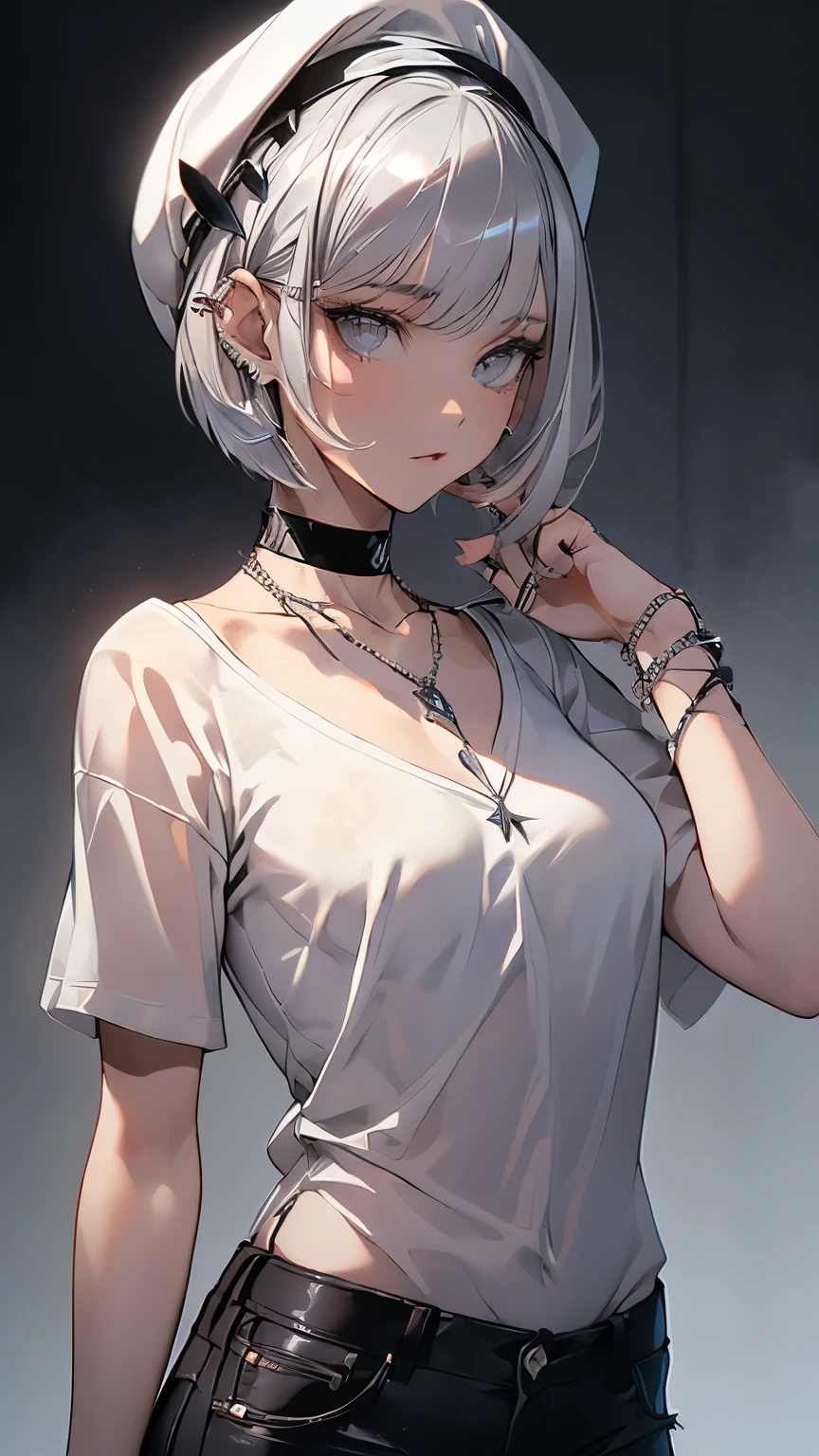 best quality, super fine, 16k, incredibly absurdres, extremely detailed, beautiful cute girl with cool model-like figure, silvery white short bob cut, bangs, white open-necked shirt, platinum Piercings, platinum necklace, slender perfect proportion, black cap, black earrings, black choker, black jeans
