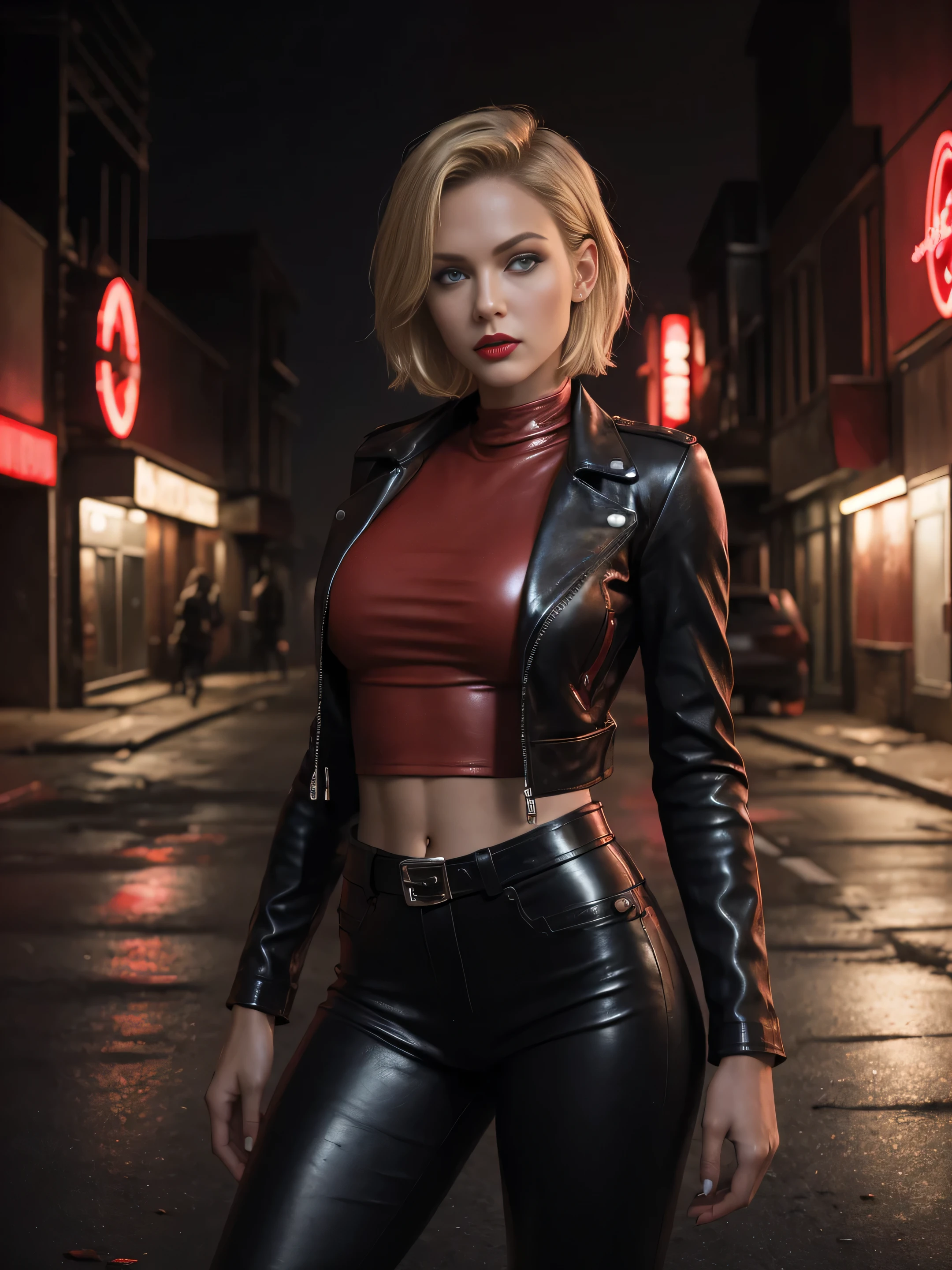 full length young beauty sexy envestigator girl , blonde very short hair, blue eyes, red lips, scowling expression, piercing gaze, wearing tight leather pants, tight leather jacket, in a red sleeveless t-shirt, leather boots, standing in a deserted post-apocalyptic small town street at night in the fog, faded dark colors