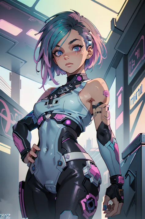 (masterpiece:1.2),(best quality:1.2),(high resolution:1.2)
 cyber judy, 1 woman, alone, asymmetric hair, pink hair, a blue color...