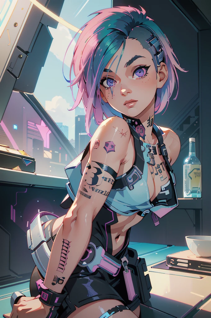 (masterpiece:1.2),(best quality:1.2),(high resolution:1.2)
 Cyber Judy, 1 woman, alone, asymmetric hair, pink hair, a blue color hair, heterochromia eyes, pink eyes, Tattoo, cowboy shot, cyberpunk,  Ilya Kubshinov, type of bacteria, krenz cushart, Greg Rutkowski, Alphonse Mucha