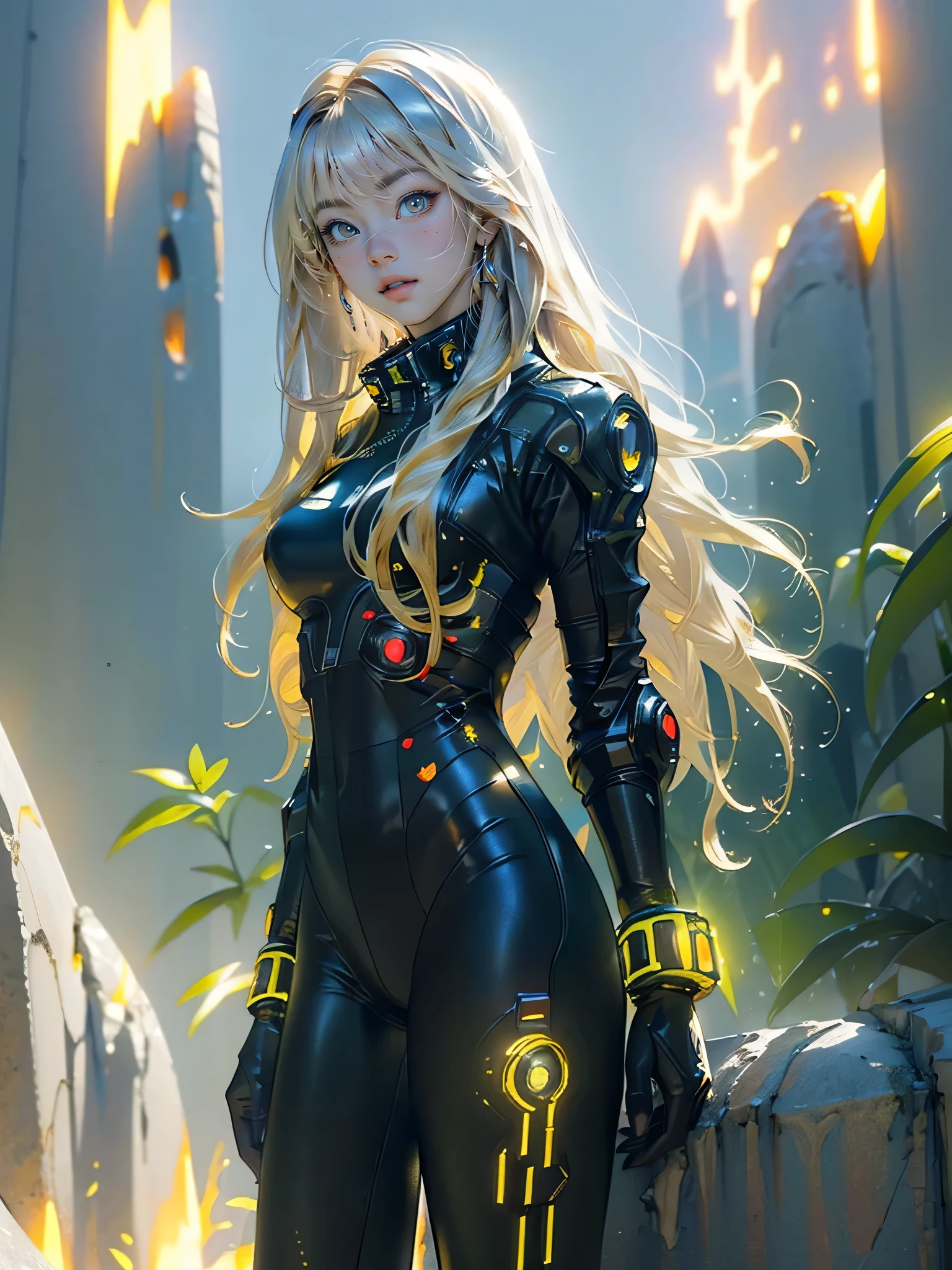 ((masterpiece, best quality, extremely detailed), volumetric lighting, ambient occlusion, colorful, glowing), 1girl, solo, young girl, (golden hair), long hair, halo, aura, sacred, godness, cyber suit, (black outfit:1.3), android, bot, angel wings, outdoors, sunset with yellow light, sky, clouds, space, (cyberpunk theme:1.2),