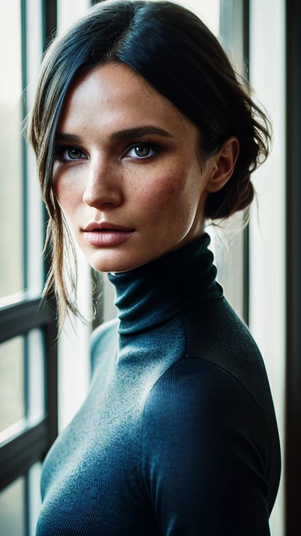 A stunning intricate full color portrait of (sks woman:1), wearing a black turtleneck, epic character composition, by ilya kuvshinov, alessio albi, Emily Browning, sharp focus, natural lighting, subsurface scattering, f2, 35mm, film grain, cleavage blue eyes