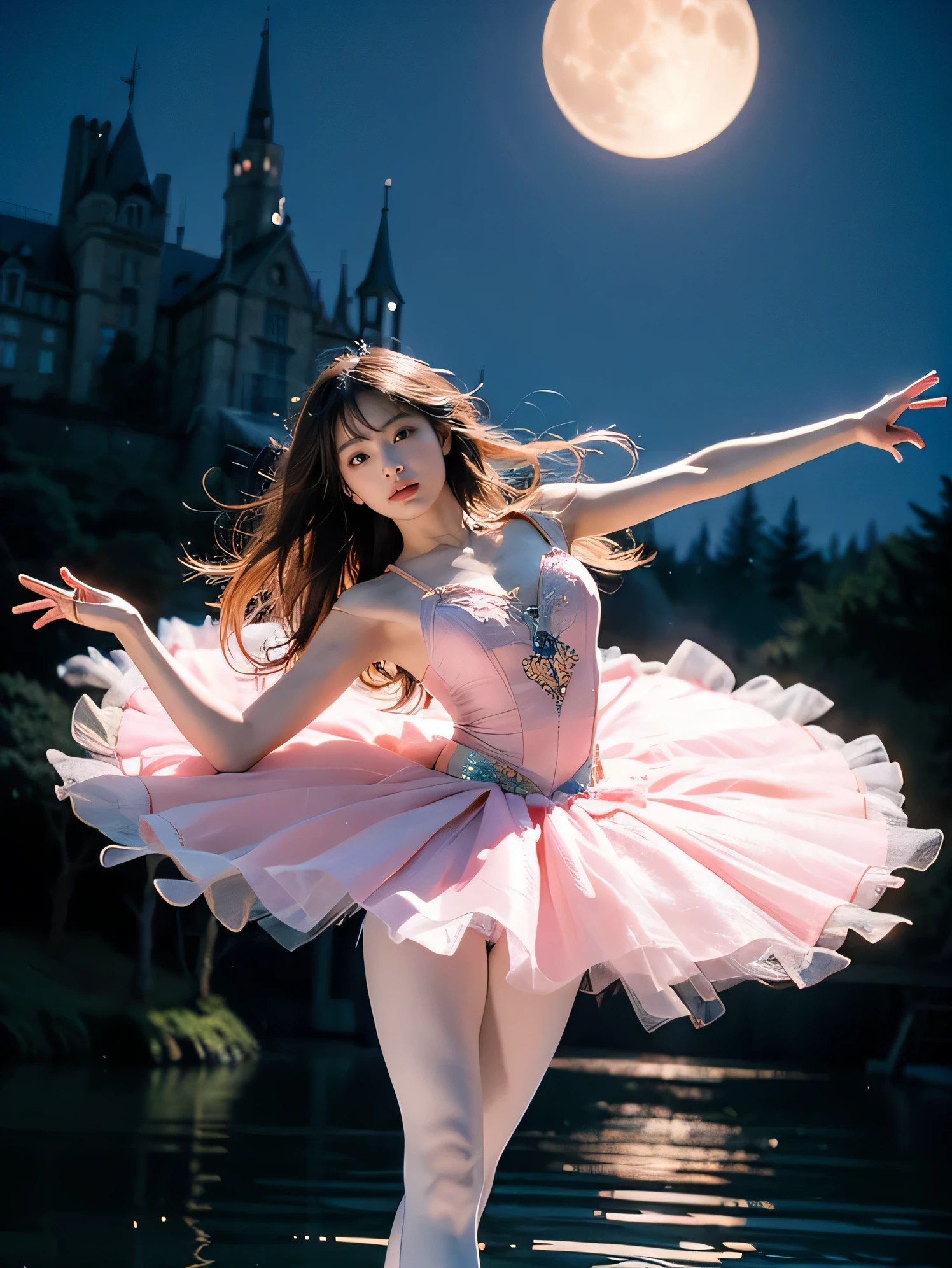 fancy, high quality, 8K, realistic,photo realistic,RAW photos,photography,high resolution, ultra high definition, best quality,dramatic lighting, glitter effect, from below, midnight, moon, ballet、Swan Lake、lake in deep forest、I see a castle in the distance、whole body,break, A prima donna girl gracefully dances ballet in the moon on a mysterious lake.、Arabesque pose、、1 girl、((Luxurious and delicate pink tutu)),semi long hair,black hair,black eye、beautiful feet、ballet pointe shoes, Peeking from below、straddle the camera