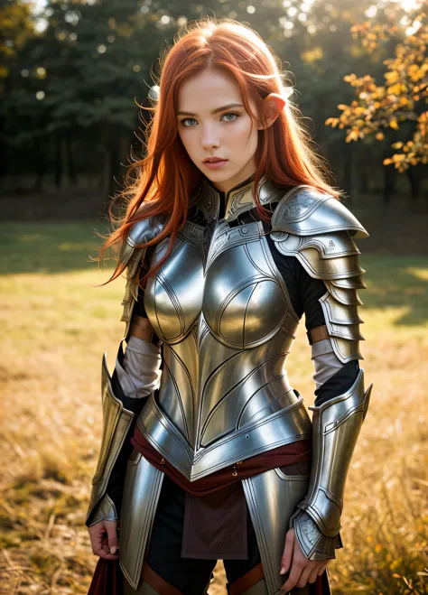 Masterpiece, a beautiful female elf knight (Nata Lee), bright eyes, red hair, broad shoulders, strong body, high detail pale ski...