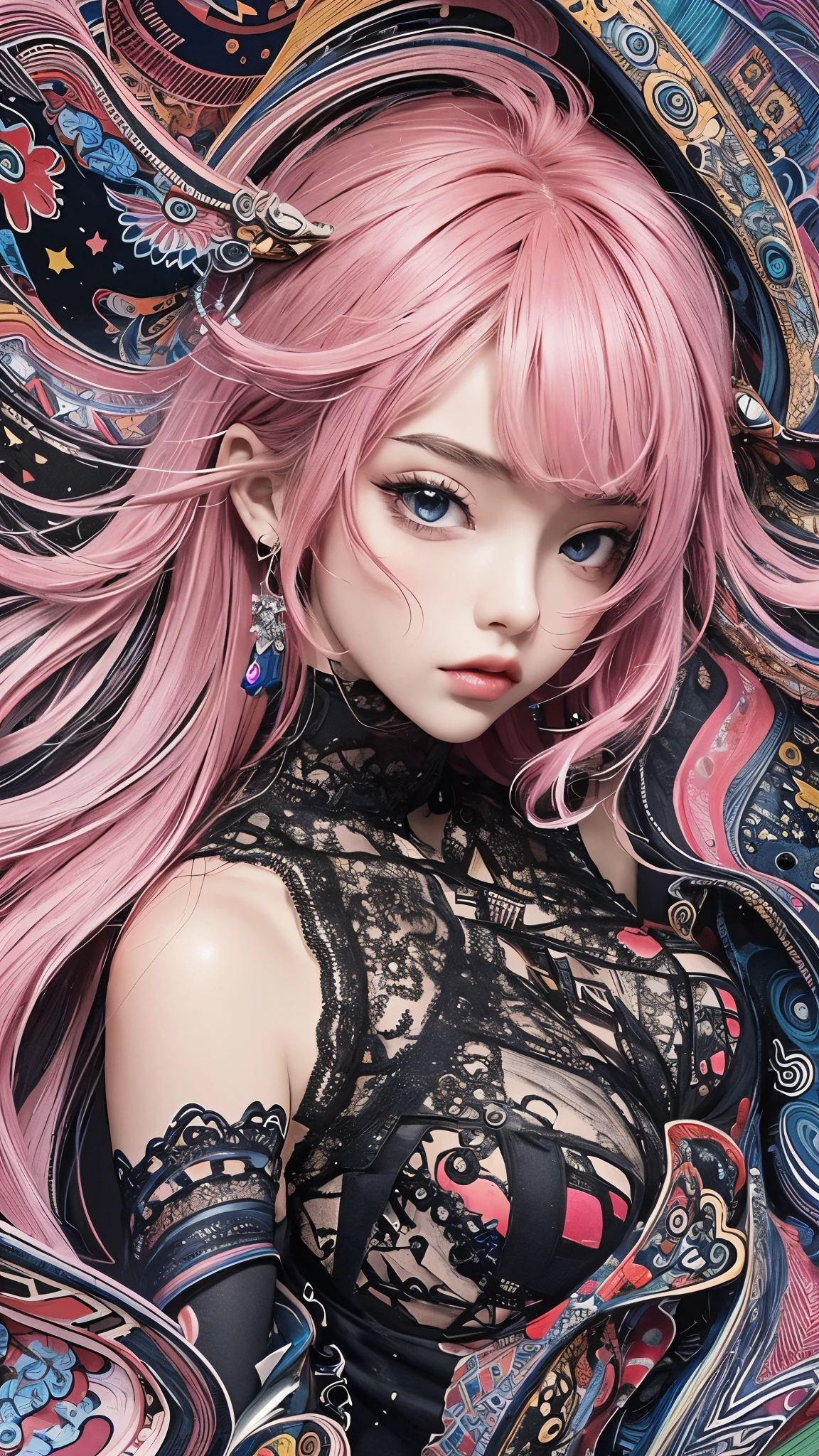 ((masterpiece:1.2, best quality)), Ultra Detailed, Ultra-precise depiction, Ultra Detailed的描绘, (Zentangle:1.2), (Dynamic poses), (Abstract Background:1.5), Long wavy hair, Pink Hair,Beautiful lace bodysuit female figure, 1 Lace Girl, rich and colorful, portrait, (from above:1.2)