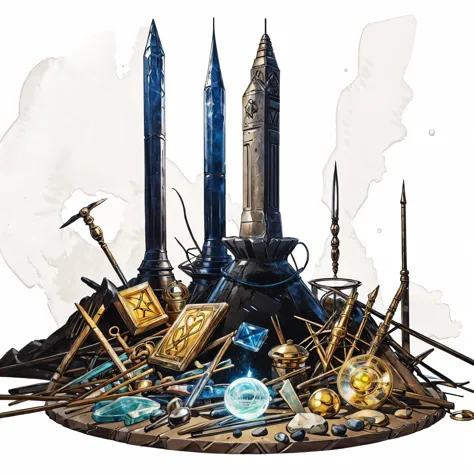 a pile of artifacts, group of magical items, MagicItem_v1, (white background), fullshot