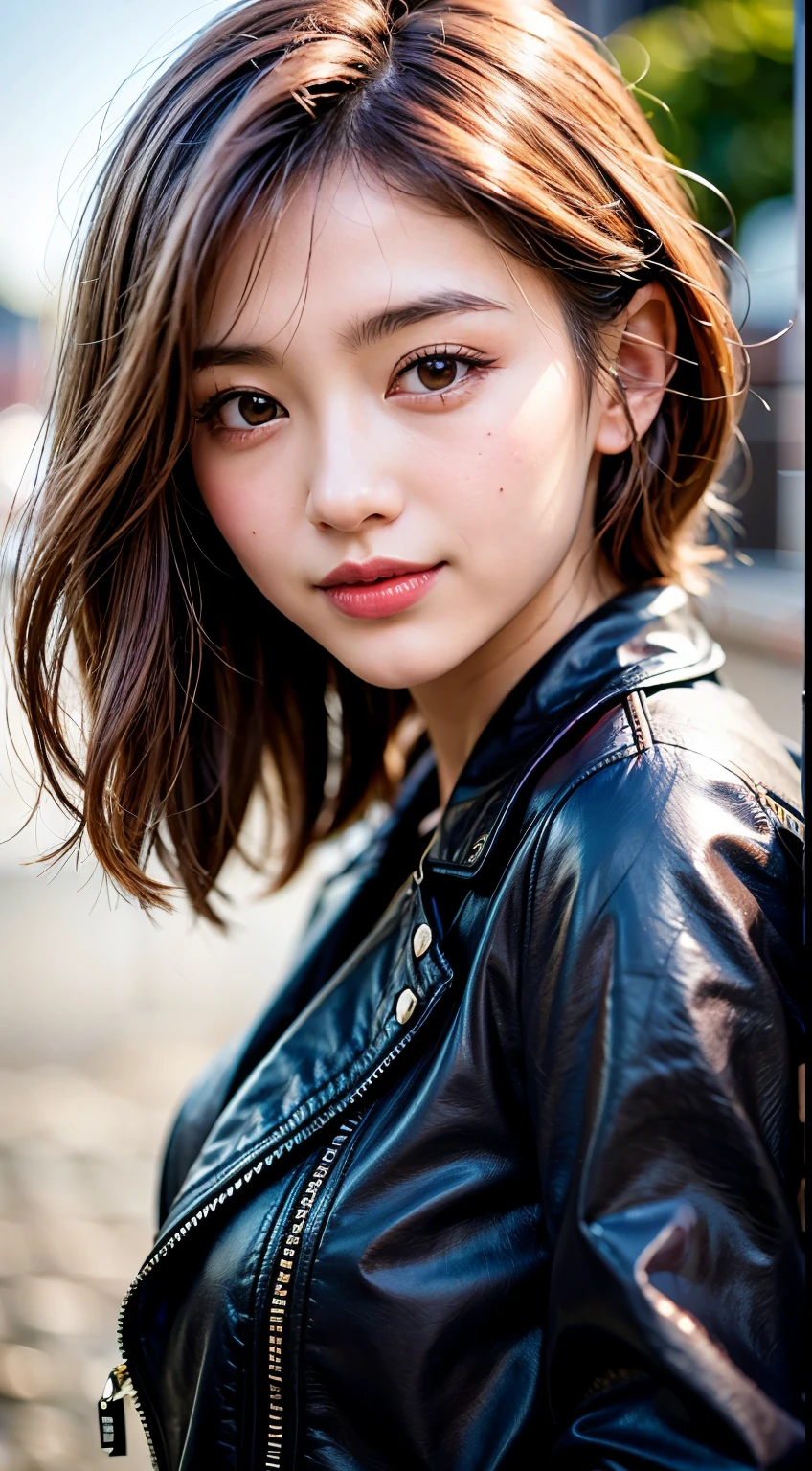A gentle and lovely Japanese woman,Medium Hair, Blonde Hair,double eyelid, Clever pink eyes, Pink Lips, small, upturned nose, smile,Black Leather Jacket, ヘアスタイルのClose-up,Close-up, Arms crossed,Four fingers and a thumb,Natural light