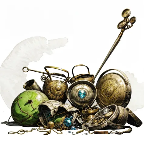 a pile of artifacts, a trash artifacts, group of magical items, MagicItem_v1, (white background), fullshot
