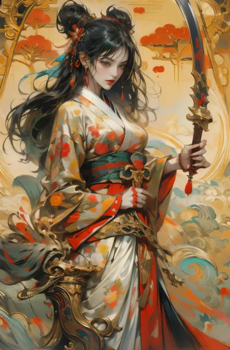 Beautiful demon painting, Demon woman with a Japanese sword, A strong female warrior, fencer, Bodyguard, gambling, Beautiful bla...