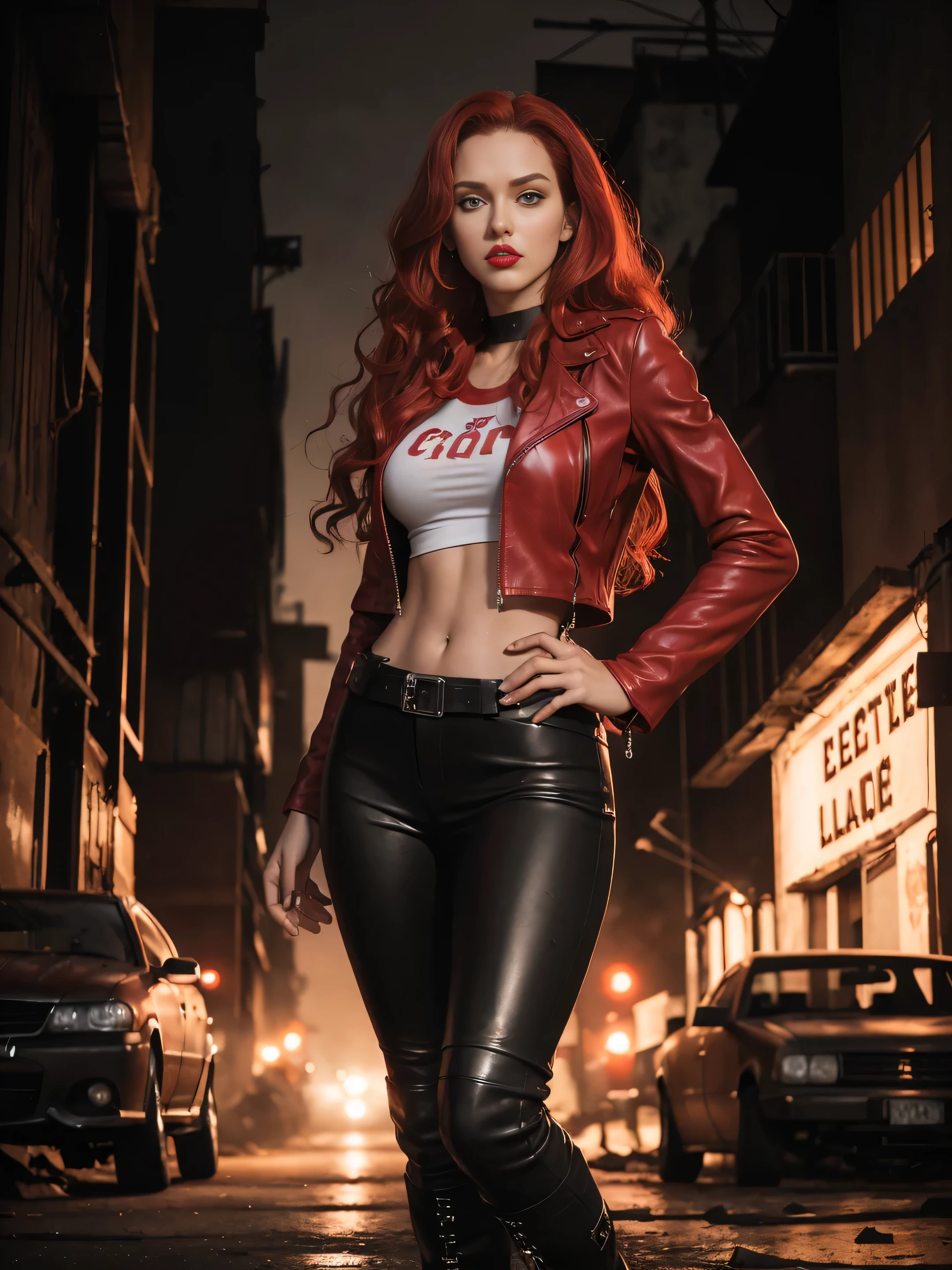 full length young beauty sexy 18 year old Instagram model girl, long curly red hair, green eyes, red lips, scowling expression, piercing gaze, wearing tight leather pants, tight leather jacket, in a red sleeveless t-shirt, leather boots, standing in a deserted post-apocalyptic small town street at night in the fog, faded dark colors