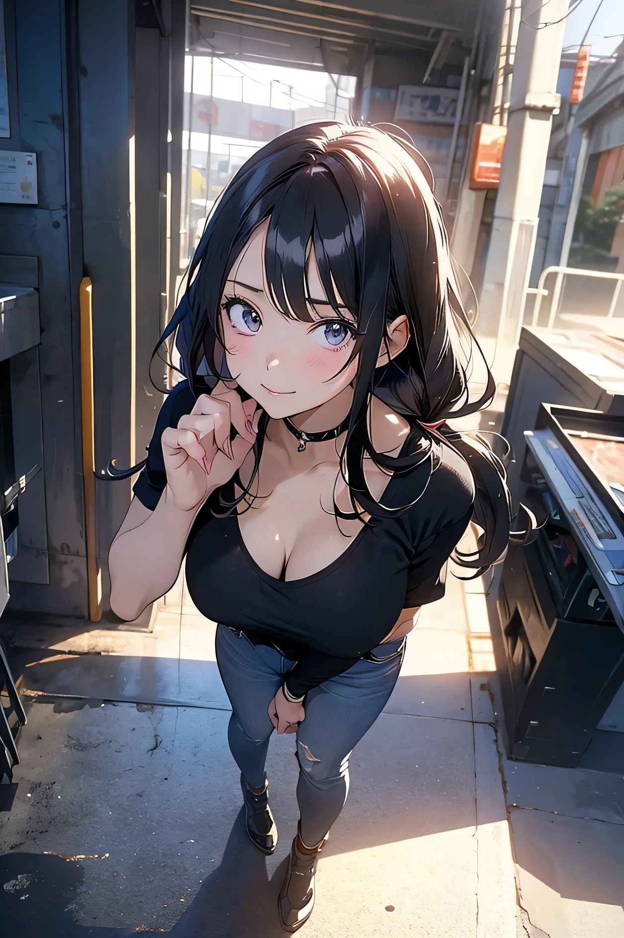 A woman wearing a black top and blue jeans posing，seductive anime girl，Anime cute art style，Attractive anime girl，female anime characters，anime girl，anime woman，Beautiful and seductive anime woman，，Anime full body illustration，anime girl，anime waifu，sultry smirk，Detailed anime character art，Casual pose，（anime girl）
