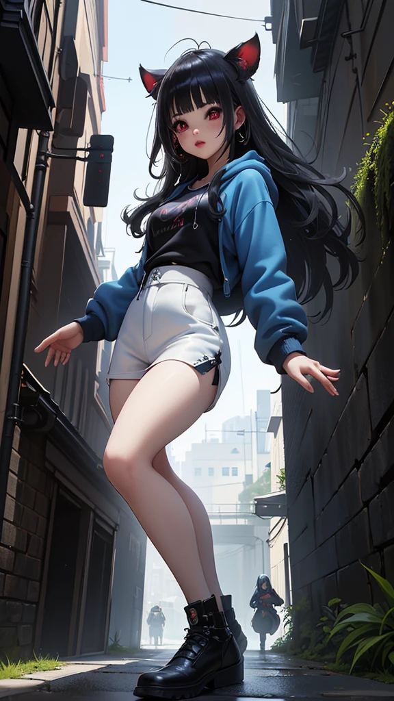 (La Best Quality,A high resolution,Ultra - detailed,actual), long hair with bangs, (cat ears), wearing white pleated miniskirt and streetwear headphones, passion blue hoodie, on the chest it says &#39;Future funk&#39;, amidst a vibrant futuristic cityscape illuminated by neon lights.More detailed 8K.unreal engine:1.4,HD,La Best Quality:1.4, photorealistic:1.4, skin texture:1.4, masterpiece:1.8,masterpiece, Best Quality,object object], (detailed facial features:1.3),(The correct proportions),(Beautiful red eyes:1.4 ),  (cowboy pose), (fingers detailed :1.4), ,( cyberpunk 2.1), (kawaii style:1.4), (Background an alley of stone walls Tokyo :1.4), (Perfect anatomy :1.4) 